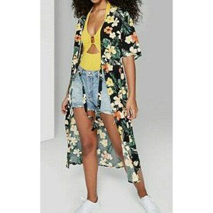 FLORAL PRINT SHORT SLEEVE WAIST TIE DUSTER KIMONO